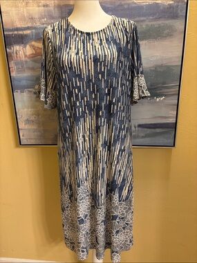 Ellen Weaver Blue and Cream Midi Dress with Floral Hem